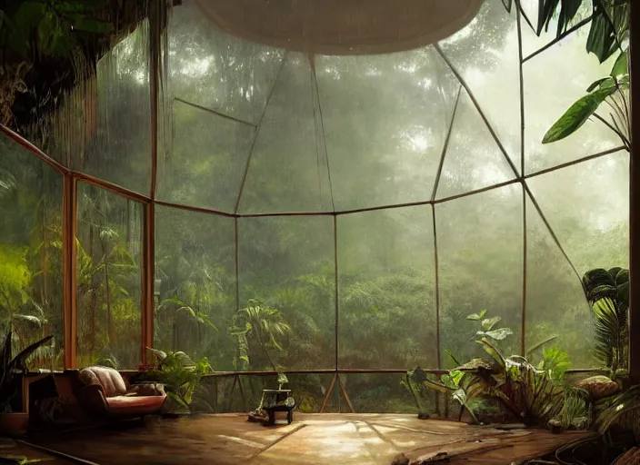 Prompt: a beautiful painting of the interior of a geodesic house in a moist tropical rainforest, living room, by greg rutkowski, realism, artstation, nature