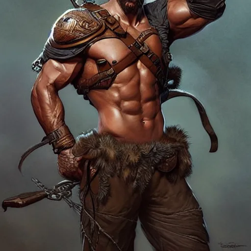 Image similar to rugged ranger’s thighs, handsome, lower body, muscular, exposed thighs, closeup, D&D, fantasy, intricate, elegant, highly detailed, digital painting, artstation, concept art, matte, sharp focus, illustration, art by Artgerm and Greg Rutkowski and Alphonse Mucha