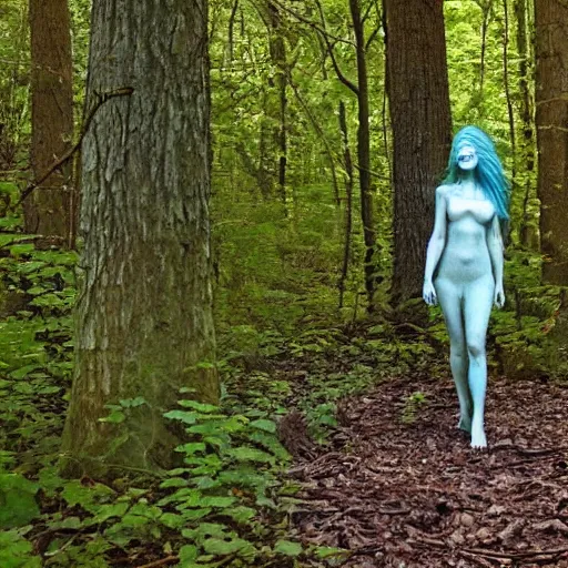 Image similar to Siren Head walking through the woods. Eerie. Spooky.