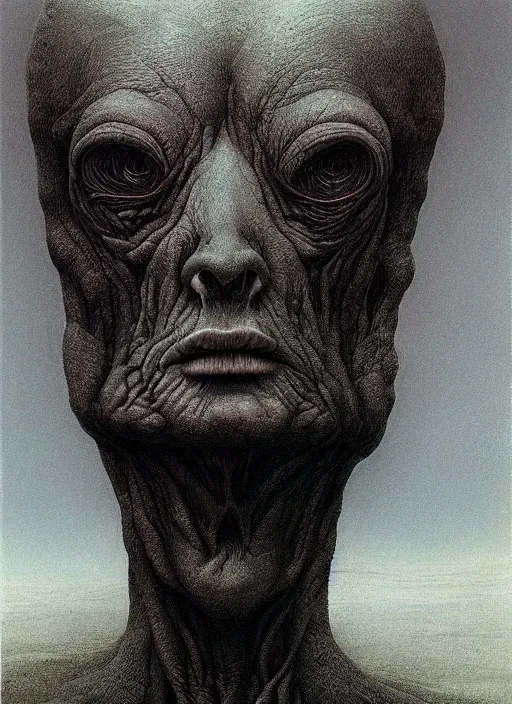 Image similar to highly detailed protrait of an alien, zdzislaw beksinski