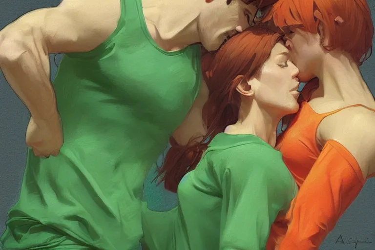 Image similar to portrait of a man in orange t - shirt wrestling with a girl in green dress, highly detailed, digital painting, artstation, concept art, smooth, sharp focus, illustration, art by artgerm and greg rutkowski and alphonse mucha