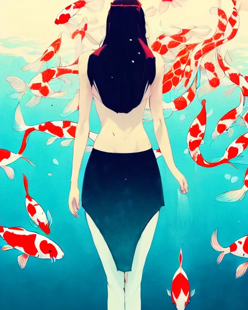 Image similar to a ultradetailed beautiful panting of a stylish woman surrounded by floating koi fish, by conrad roset, greg rutkowski and makoto shinkai, trending on artstation