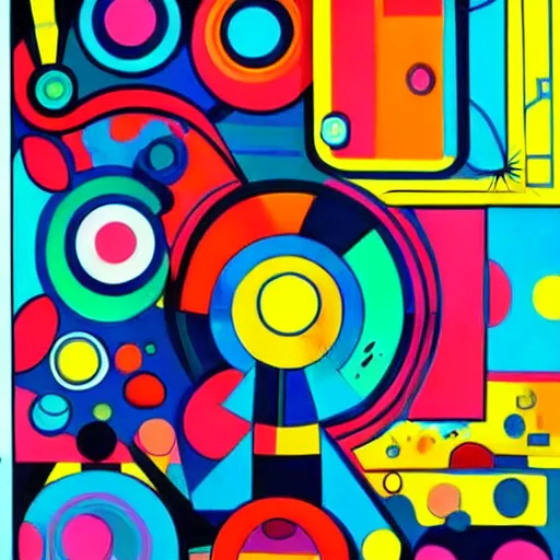 Prompt: abstract forms in the bold colourful detailed style of mike hinge,