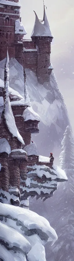 Image similar to a painting of a castle in the middle of a snowy mountain, a detailed matte painting by andreas rocha and greg rutkowski, featured on artstation, fantasy art, matte drawing, matte painting, artstation hq