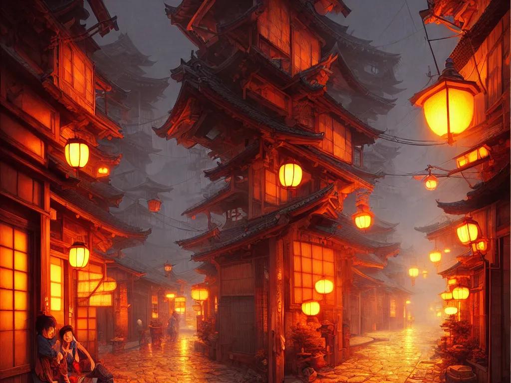 Prompt: old japanese street, d & d digital painting, intricate details, ultra realistic, beautiful, volumetric lighting, warm colors advance, cell shading, by james jean, greg rutkowski, gerald brom, wlop