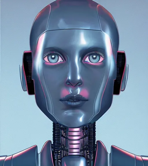 Prompt: a robot with a digitized female face, Industrial Scifi, detailed illustration, character portrait, by Martin Grip and Moebius