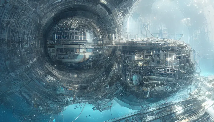 Image similar to underwater crowded cloning facility build under metallic dome, machines, technologies, machines, experience, giant building, hyperdetailed, artstation, cgsociety, 8 k