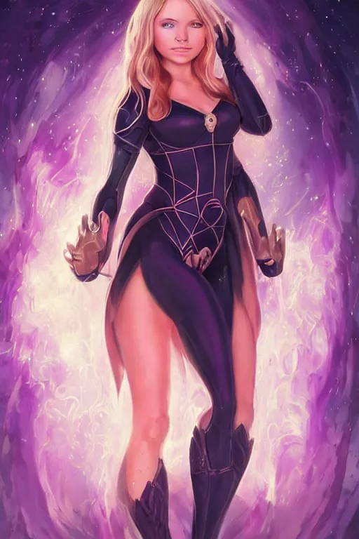Image similar to frontal standing pose portrait of Sabrina the Teenager Witch, very beautiful young woman, straight hair, push-up underwire. Intricate, concept art, magic lighting overlays, magical portal opened, D&D!, fantasy style, sharp focus!, ultra detailed, art by Artgerm and Peter Andrew Jones, WLUP, Magali Villeneuve