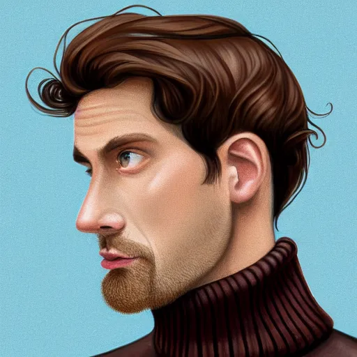 Image similar to gangly man with shortlight brown wavy hair, light brown short beard, no mustache, English heritage, blue eyes, middle aged, wearing a turtleneck and jacket, pale skin, narrow face, digital art, painterly, cartoon, cute, 8k, illustration, art by loish, painterly, trending on artstation, medium shot, uncropped