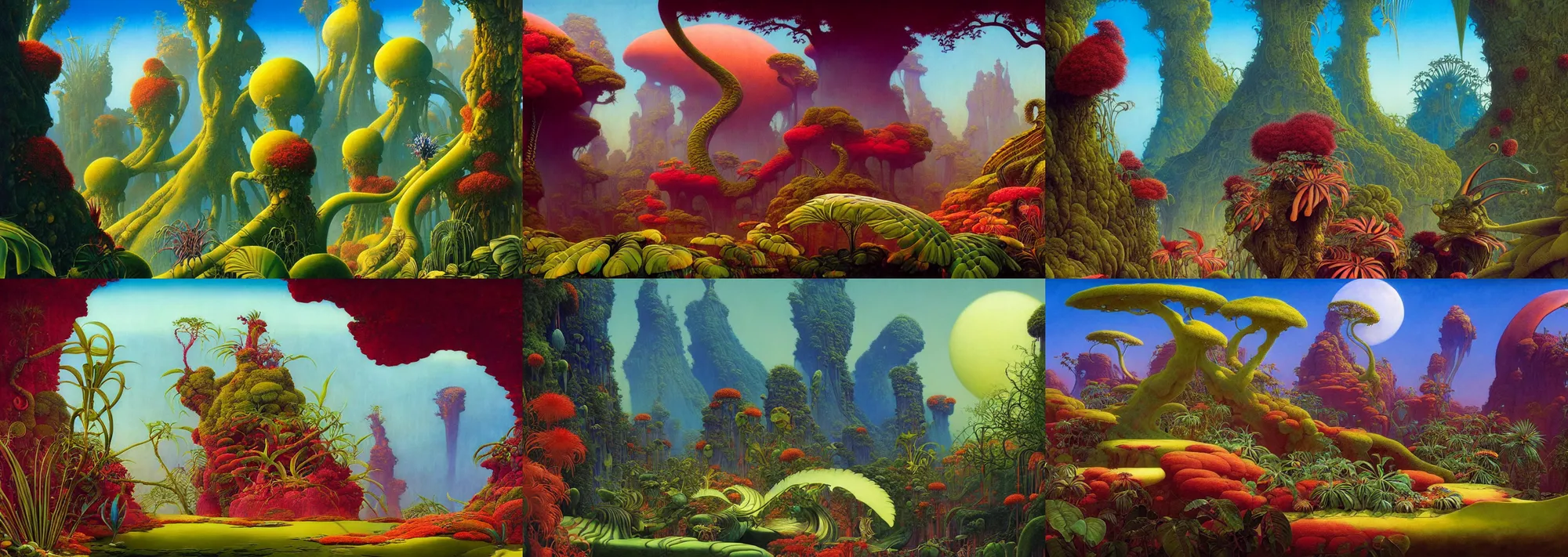 Image similar to beautiful rendering of exotic plants by daniel merriam and karol bak and martin johnson heade, xenoplanet by roger dean and moebius, mantra rendering, matte painting, high detailed, 4 k, trending on artstation