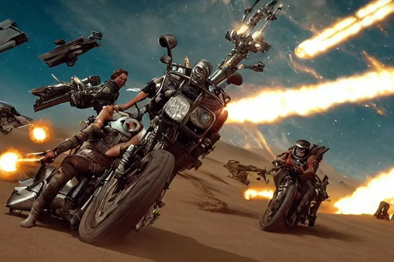 Image similar to mad max riding his interceptor in space, fighting mutants on space bikes, action - scene, very detailed, high octane