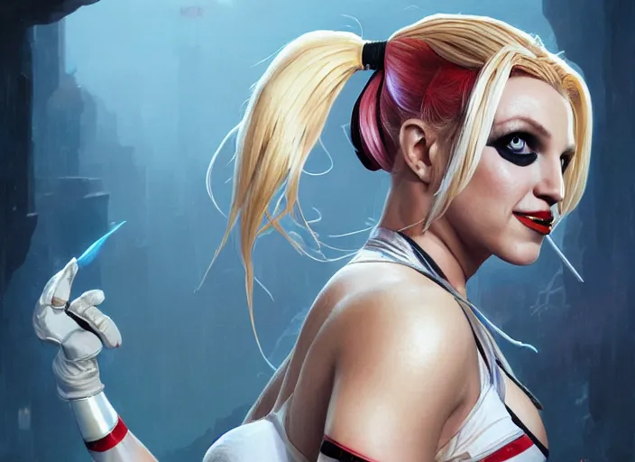 Prompt: highly detailed portrait of britney spears as harley quinn, in batman comics, stephen bliss, unreal engine, fantasy art by greg rutkowski, loish, rhads, ferdinand knab, makoto shinkai and lois van baarle, ilya kuvshinov, rossdraws, tom bagshaw, global illumination, radiant light, detailed and intricate environment