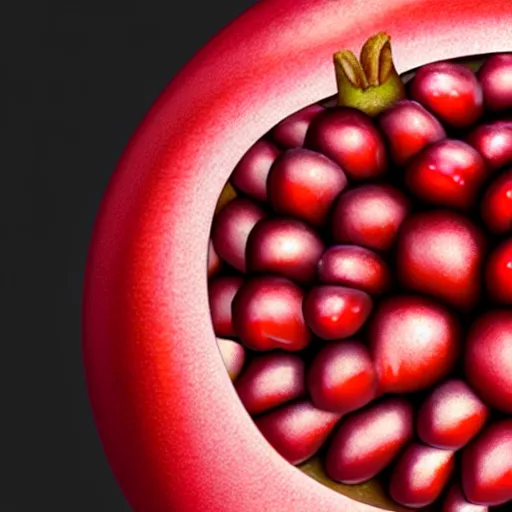 Image similar to fruit character that looks just like michelle obama as a pomegranate, 8 k, fruit eyes, fruit world, beautiful matte painting, by johfra bosschart, hyper realistic, studio lighting, octane render