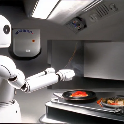 Prompt: A film still from a 1990s sci-fi film :: A Robot Chef cooking a meal on a high end Gas Stove Oven on board a space ship, spaceship, oven, robot chef, fancy, futuristic, technology, realistic, 80k, 8mm, Grainy, Panavision