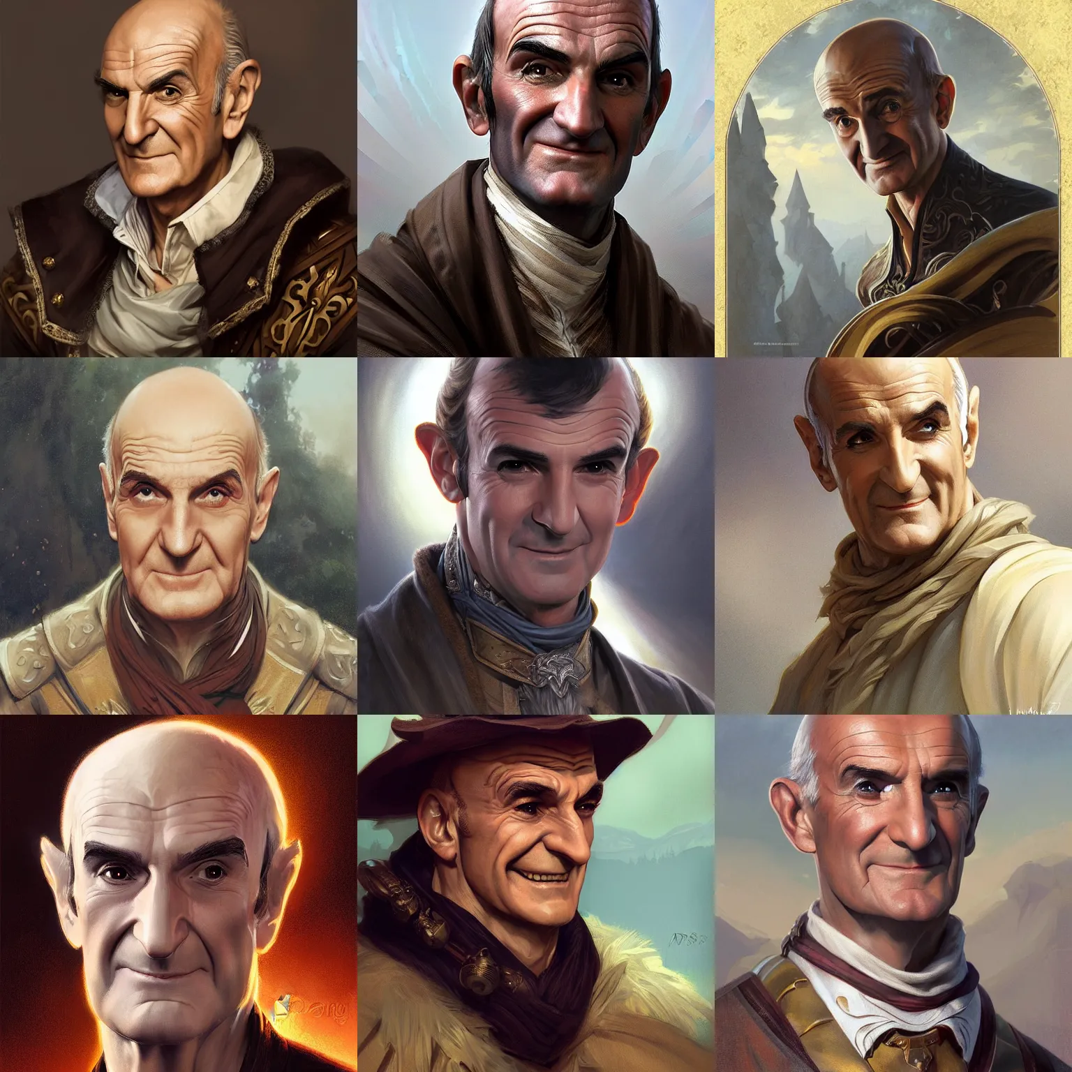 Image similar to smirking male bard, Louis de Funès, portrait, headshot, D&D, fantasy, highly detailed, digital painting, artstation, concept art, sharp focus, illustration, art by artgerm and greg rutkowski and alphonse mucha