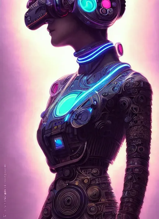 Image similar to wide angle portrait shot of female japanese android wearing a vr headgear and in a very detailed and intricate kimono dress, hologram hovering around her, intricate detail, cyber neon lighting, highly detailed, artstation, glamor pose, concept art, art by peter mohrbacher and artgerm, pinterest, artstation,