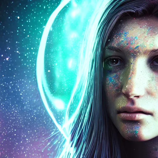 Image similar to woman portrait made out of galaxies, beautiful, cyborg, cinematic, comic book art, realistic, highly detailed, octane render, unreal engine, sharp focus