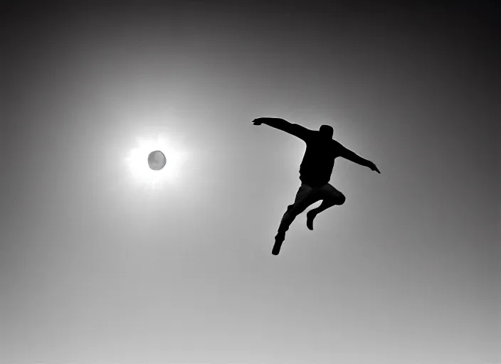 Image similar to Award winning Editorial photo of a man jumping 20 feet into the air during an eclipse Lee Jeffries, 85mm ND 5, perfect lighting, gelatin silver process