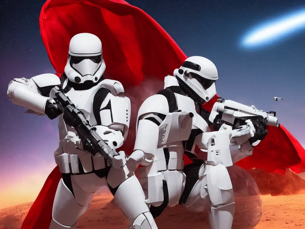 Image similar to space trooper in glossy sleek white armor with small red details, no helmet, long red cape, heroic posture, firing laser rifle, on the surface of mars, explosions in the background, night time, dramatic lighting, cinematic, sci-fi, hyperrealistic, movie still