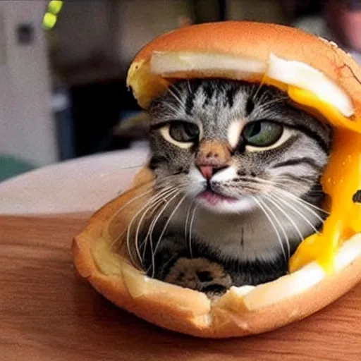 Prompt: A viral image of a cat inside of a cheeseburger