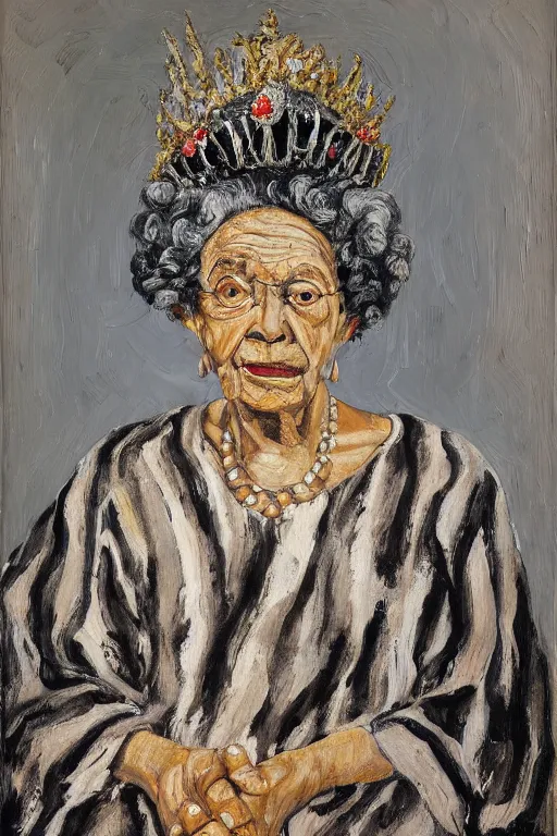 Image similar to a painted portrait of an elderly black lady with grey curly hair, wearing a crown and clothing of Queen Elizabeth the second, painted by Lucian Freud, oil on canvas, expressive, impasto