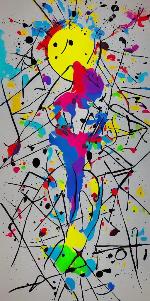 Image similar to minimalistic graffiti masterpiece, black background, psychedelic therapy, artwork by joan miro, trending on ArtStation, ink splatters, pen lines, incredible detail, creative, positive energy, happy, unique, negative space, face, artgerm