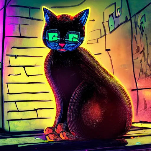 Image similar to a cat in an abandoned city with neon lights digital art trending on art station high quality