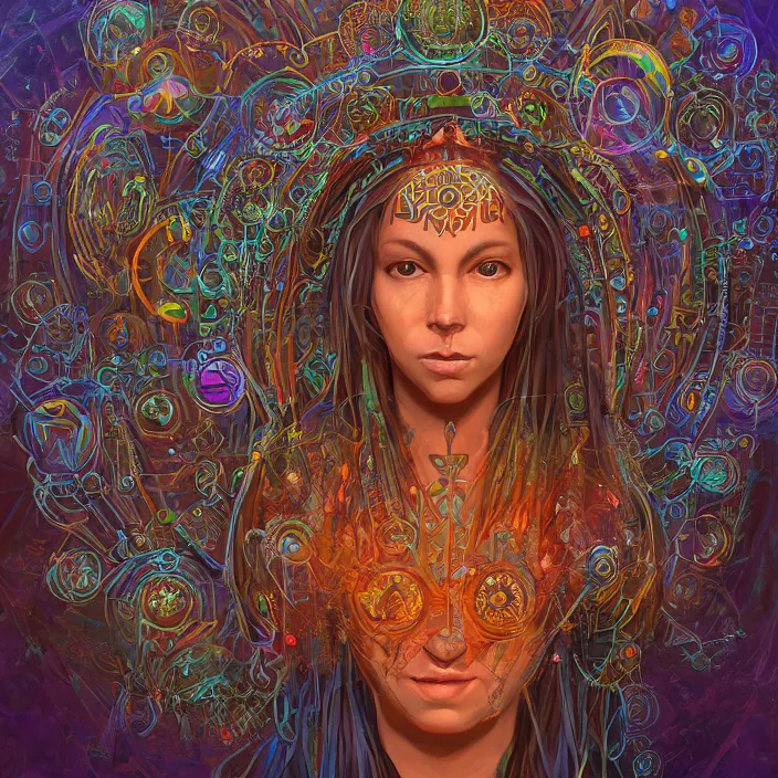 Image similar to portrait of a future metaverse ayahuasca tech shaman warrior, 2 d cartoon, visionary art, symmetric, magick symbols, holy halo, shipibo patterns, sci - fi, concept art, trending on art station, 8 k digital art, by mandy jurgens, fantasy portrait art, anime