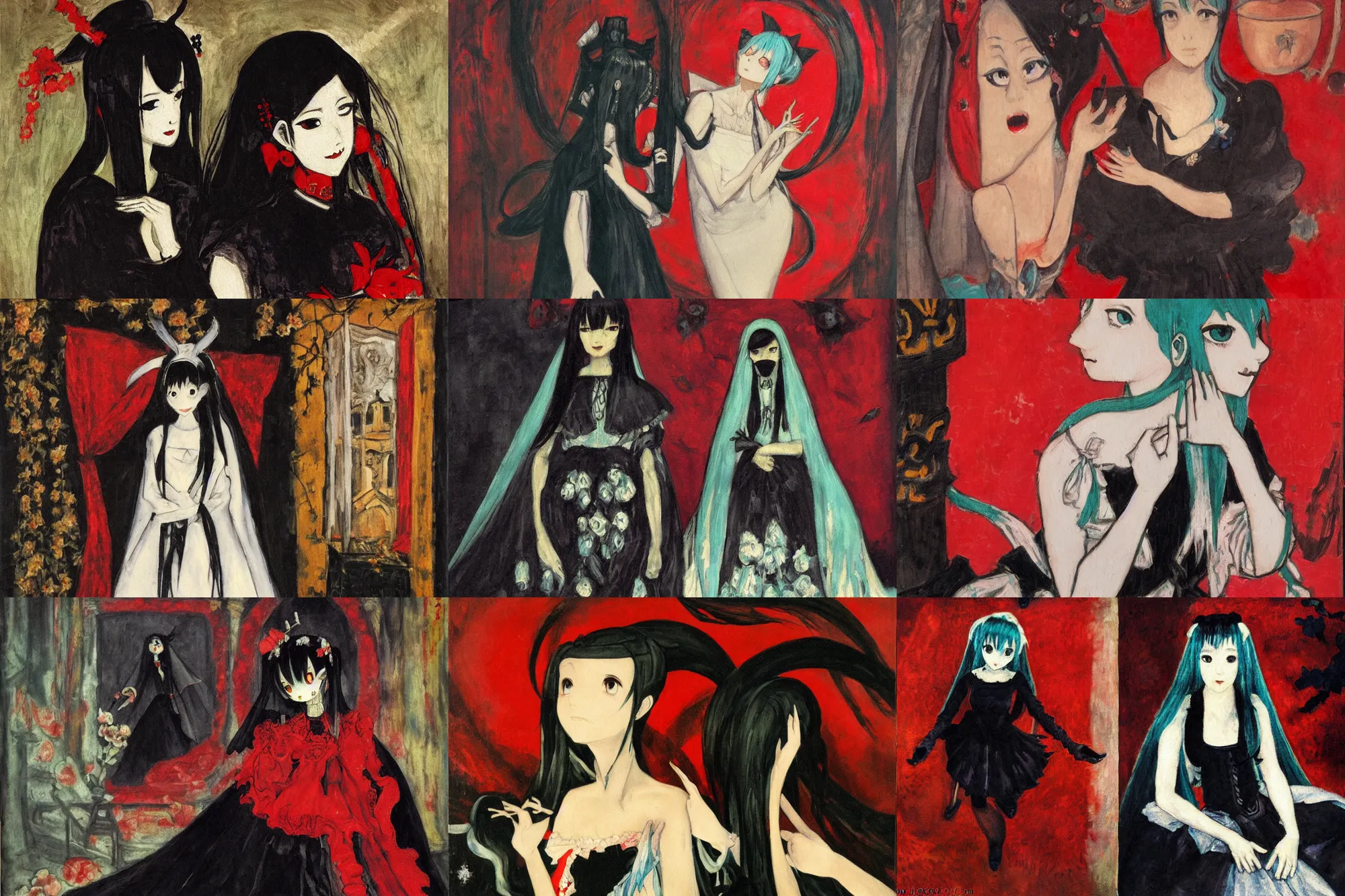 Image similar to A very soft and dark haunting oil painting of Hatsune Miku in a black ornate wedding dress, scarlet background, by Oskar Kokoschka, ethereal, evil presence, haunted painting