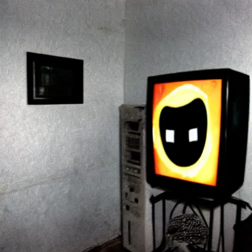 Prompt: a high flash photo of a television with a screaming face on it in an empty house, 2 0 0 6, taken with a disposable camera