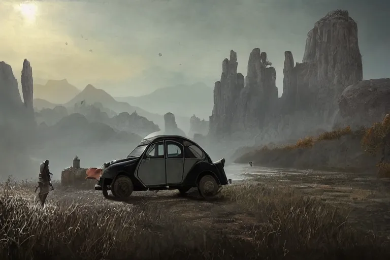 Prompt: offroad citroen 2 cv ( 1 9 6 5 ) of daedric design driving across the rift, daedric axe stored on the side of the car, leather and cloth traveller backpacks on roof, riften city in the background, epic fantasy, autumn, the elder scrolls v : skyrim, dramatic lighting, establishing shot, by simon stalenhag