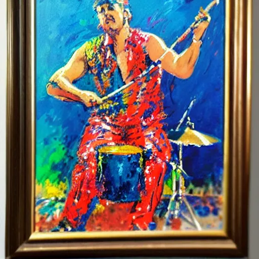 Prompt: painting of neal peart playing a drum solo, by leroy neiman, hd, detailed, award winning