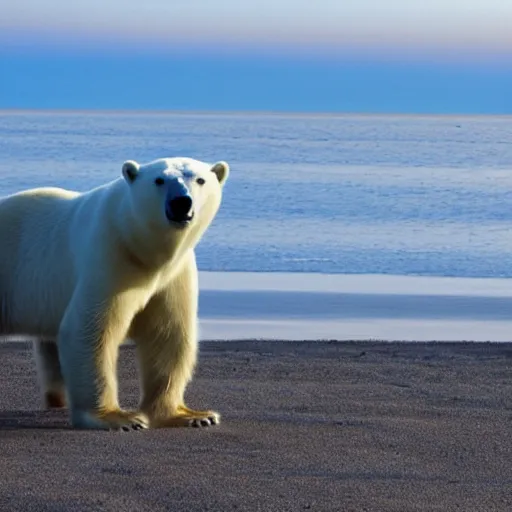 Prompt: a polar bear wearing sunglasses at a beach