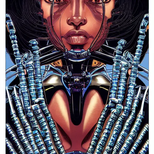 Image similar to portrait closeup of black glossy woman mecha, symmetrical, by yoichi hatakenaka, masamune shirow, josan gonzales and dan mumford, ayami kojima, takato yamamoto, barclay shaw, karol bak, yukito kishiro, moebius