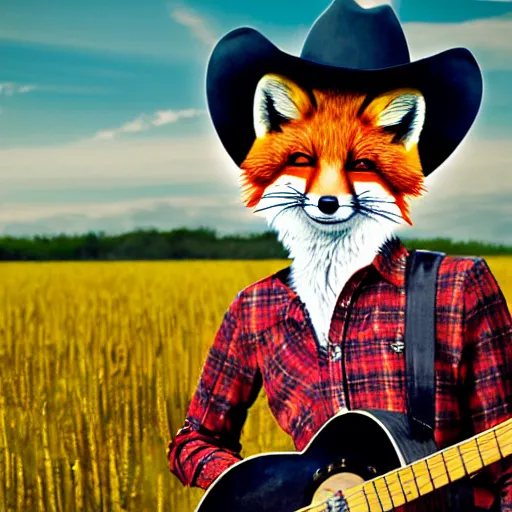 Image similar to a female fluffy anthropomorphic fox animal, head of fox, wearing cowboy hat, wearing plaid shirt, playing guitar, in a field, barn in background, album cover style