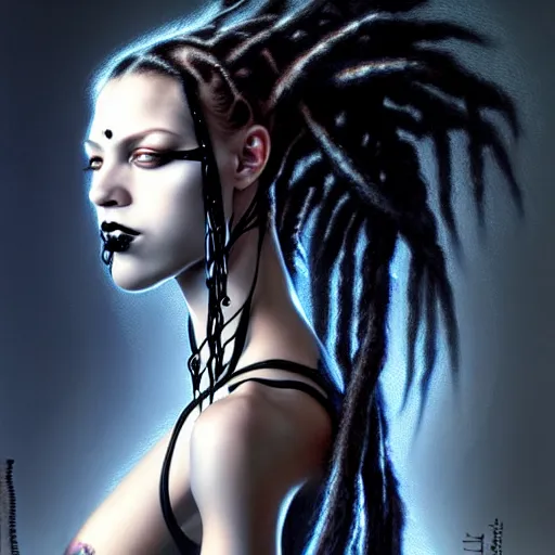 Prompt: portrait of a female cybergoth dreadlocks, dark, piercing eyes, exotic expression, esoteric clothing, photorealistic, highly detailed, mysterious lighting, artstation, smooth, sharp focus, art by michael whelan, artgerm, greg rutkowski and luis royo