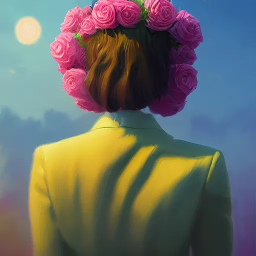 Image similar to closeup, huge rose flower head, frontal, a girl in a suit, surreal photography, sunrise, dramatic light, impressionist painting, digital painting, artstation, simon stalenhag