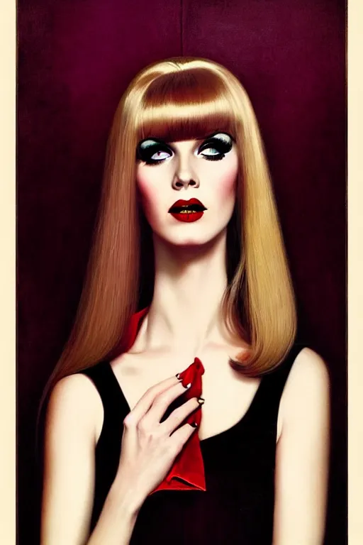 Image similar to portrait 1 9 6 0 s elegant blonde beautiful mod girl, long straight 6 0 s hair with bangs, wearing velvet, vampire, glam, groovy, by brom, tom bagshaw, sargent