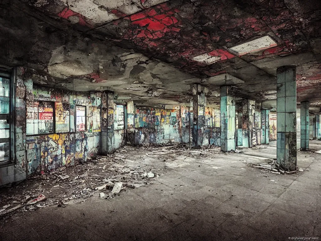 Prompt: “photography of abandoned subway station, urban decay, atmospheric, full of colour, digital photography”