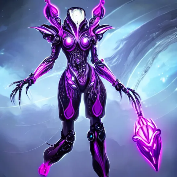 Image similar to highly detailed exquisite fanart, of a beautiful female warframe, but as an anthropomorphic robot dragon with glowing purple eyes, shiny silver armor with fuchsia accents, engraved, elegant pose, close-up shot, full body shot, epic cinematic shot, sharp claws for hands, professional digital art, high end digital art, singular, realistic, DeviantArt, artstation, Furaffinity, 8k HD render