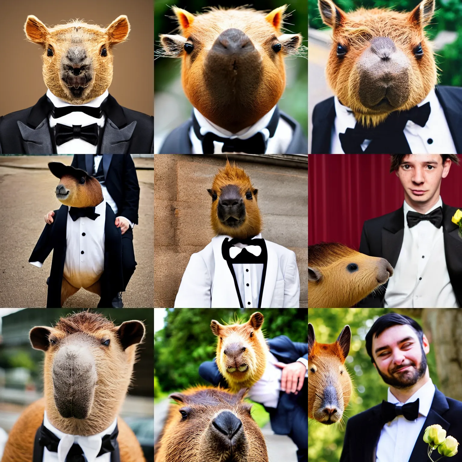 Prompt: photo of man with capybara head, wearing tuxedo