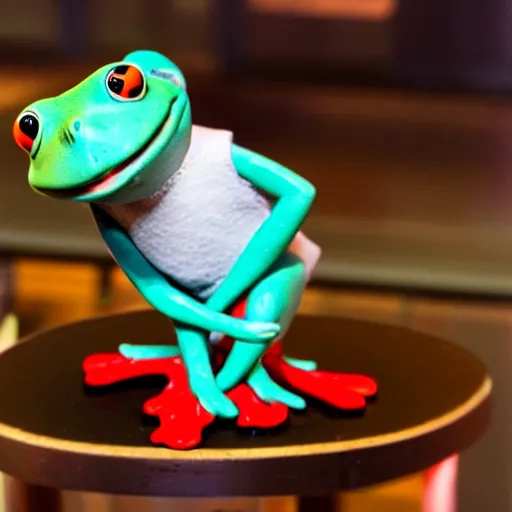 Image similar to a small frog standing on two feet at the hotel reception entry, claymation, aardman animation