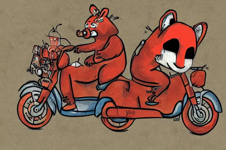 Image similar to a cartoon graffiti illustration of red pandas riding an elephant motorbike by stom 5 0 0