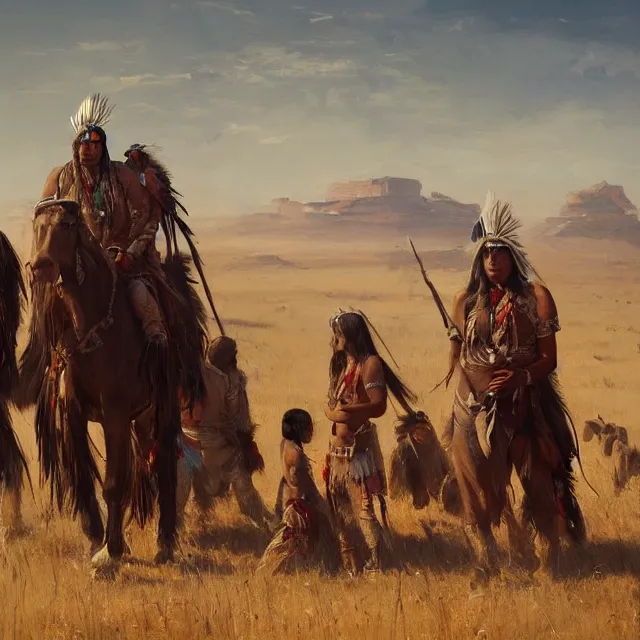 Prompt: a painting of native americans in the plains by greg rutkowski, dark fantasy art, high detail, trending on artstation