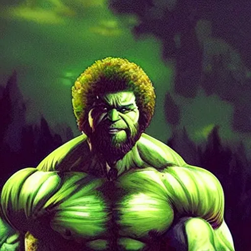 Image similar to photomanipulation of BOB ROSS as hulk, marvel