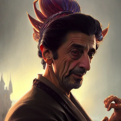 Image similar to Al Pacino , D&D, fantasy, intricate, elegant, highly detailed, digital painting, artstation, concept art, matte, illustration, hearthstone, art by Artgerm and Greg Rutkowski and Alphonse Mucha, Simon Stalenhag, hyperreal