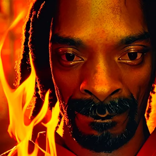 Image similar to cinematic film still of Snoop Dogg starring as a Samurai holding fire, CGI, VFX, 2022, 40mm lens, shallow depth of field, film photography