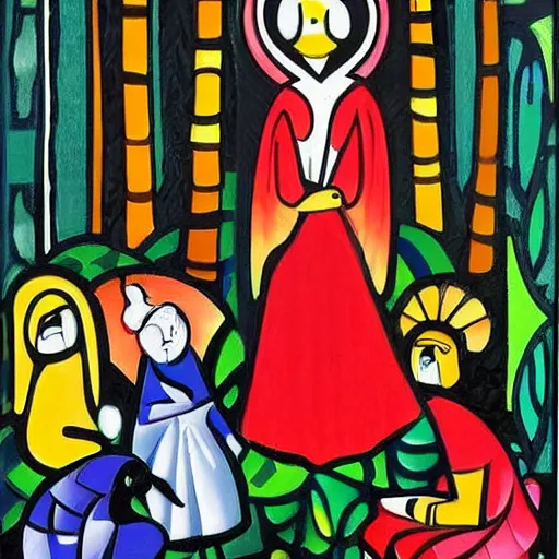 Prompt: In the painting Vasilisa can be seen standing in the forest, surrounded by animals. She is holding a basket of flowers in one hand and a spindle in the other. Her face is turned towards the viewer, with a gentle expression. In the background, the forest is depicted as a dark and mysterious place. constructivist by Romero Britto amorphous, lines