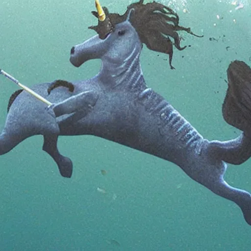 Image similar to a photo of an underwater unicorn discovered by scientists in the murky depths of the ocean using a submersible