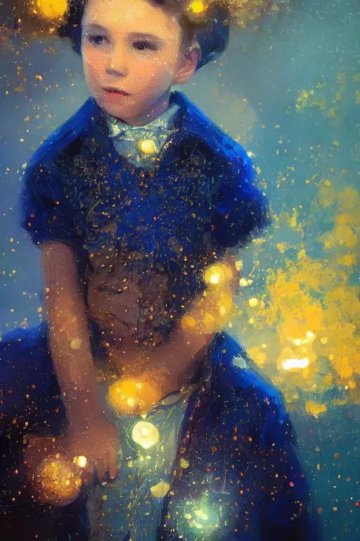 Image similar to little boy, close - up portrait, the portrait is decorated with blue and gold art deco patterns, powerfull, intricate, elegant, volumetric lighting, scenery, digital painting, highly detailed, artstation, sharp focus, illustration, concept art, ruan jia, steve mccurry